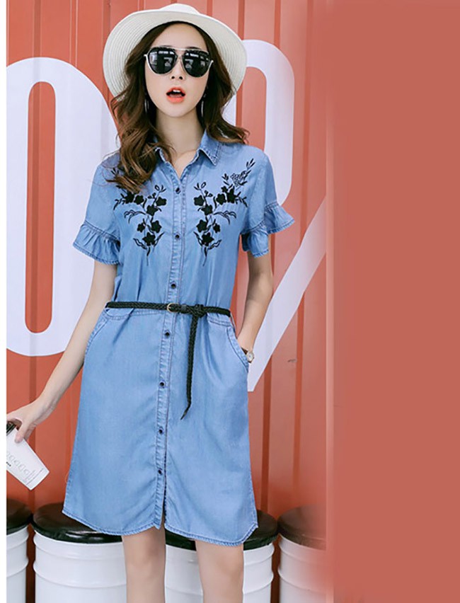 ĐẦM JEAN SUÔNG CỔ SƠ MI TAY LOE THÊU HOA